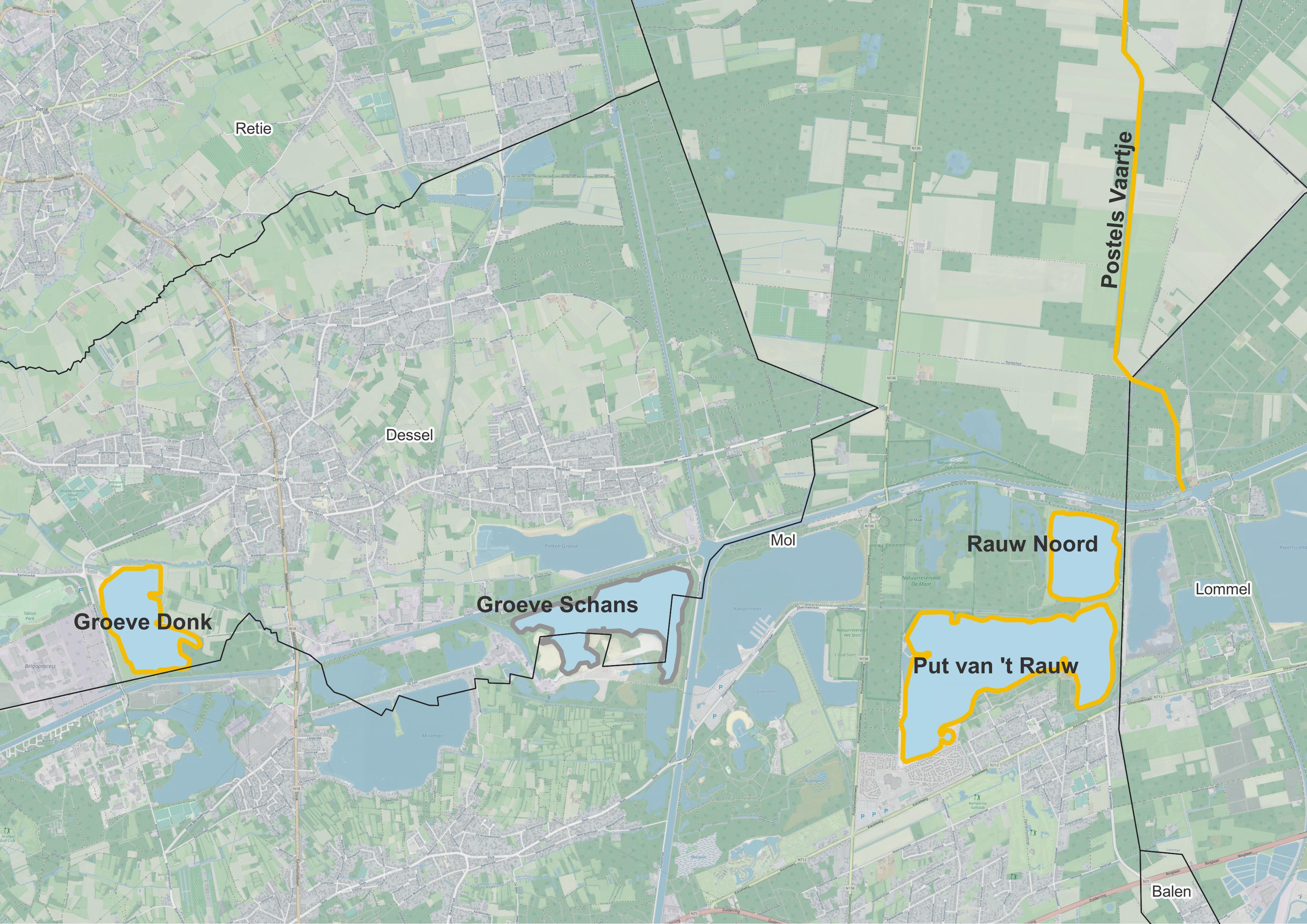 Kaart zandwinningsplassen in Dessel, Lommel en Mol